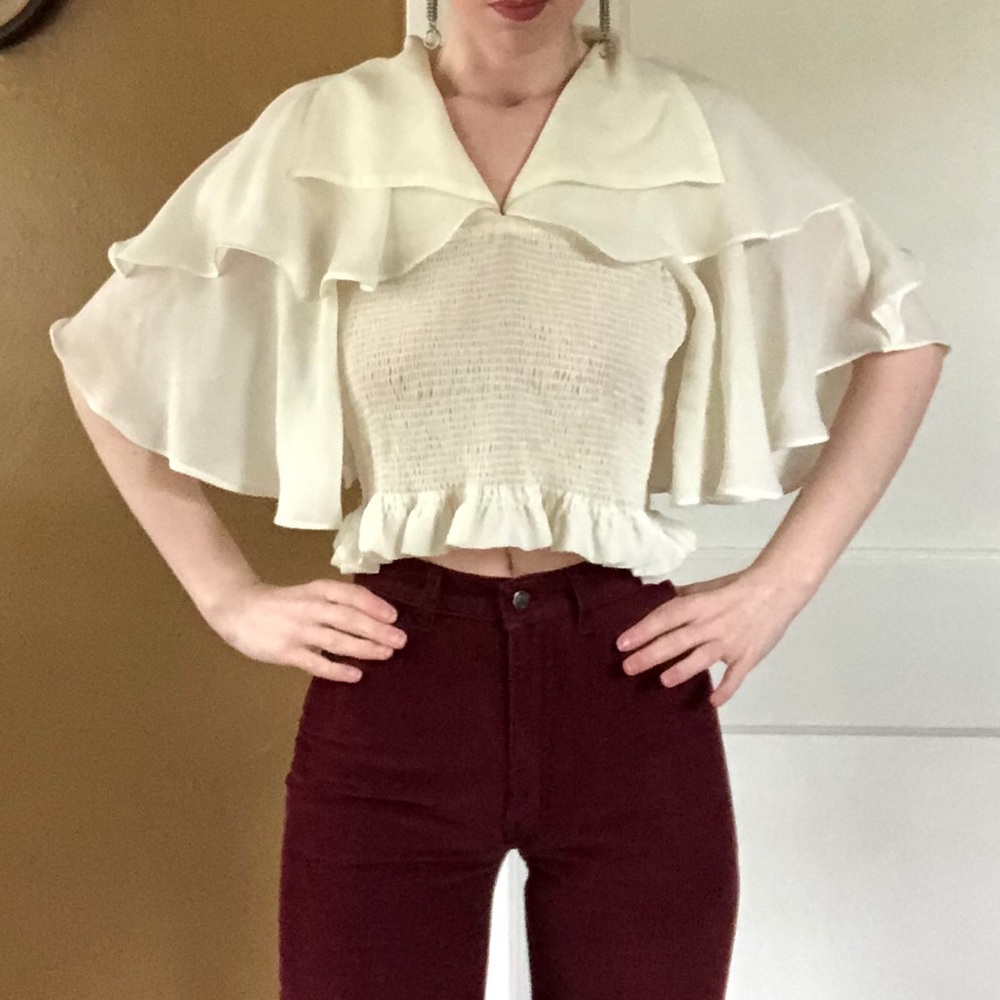 Smocked/shirred vintage cream ruffle blouse